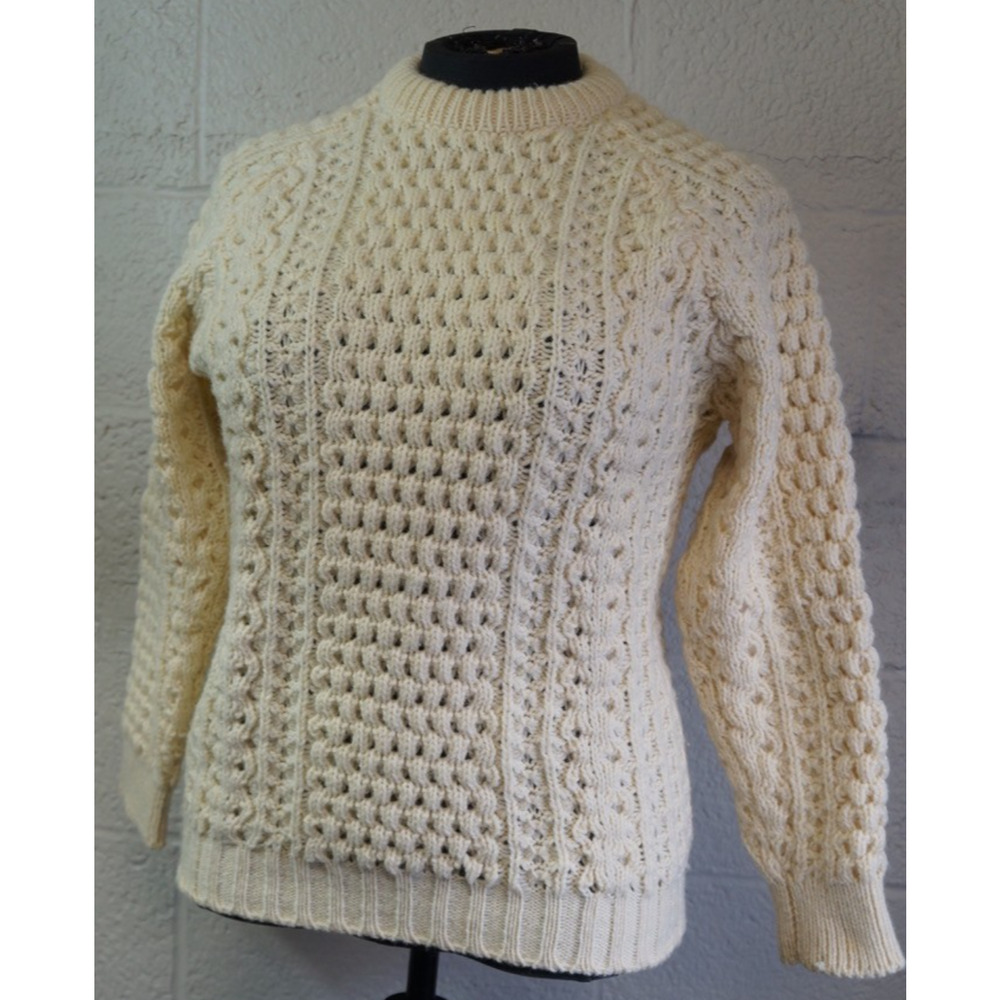 Vintage Glen Columb Kille Irish Aran Knit Fisherman Sweater Wool Beige Medium